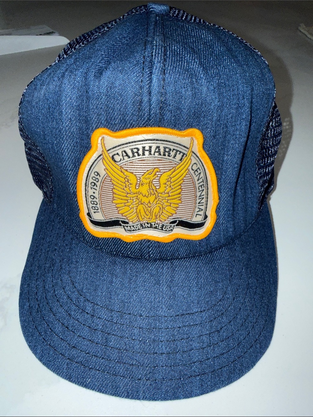 Vintage Carhartt Hat Blue Denim Centennial Patch SnapBack Cap USA 1989